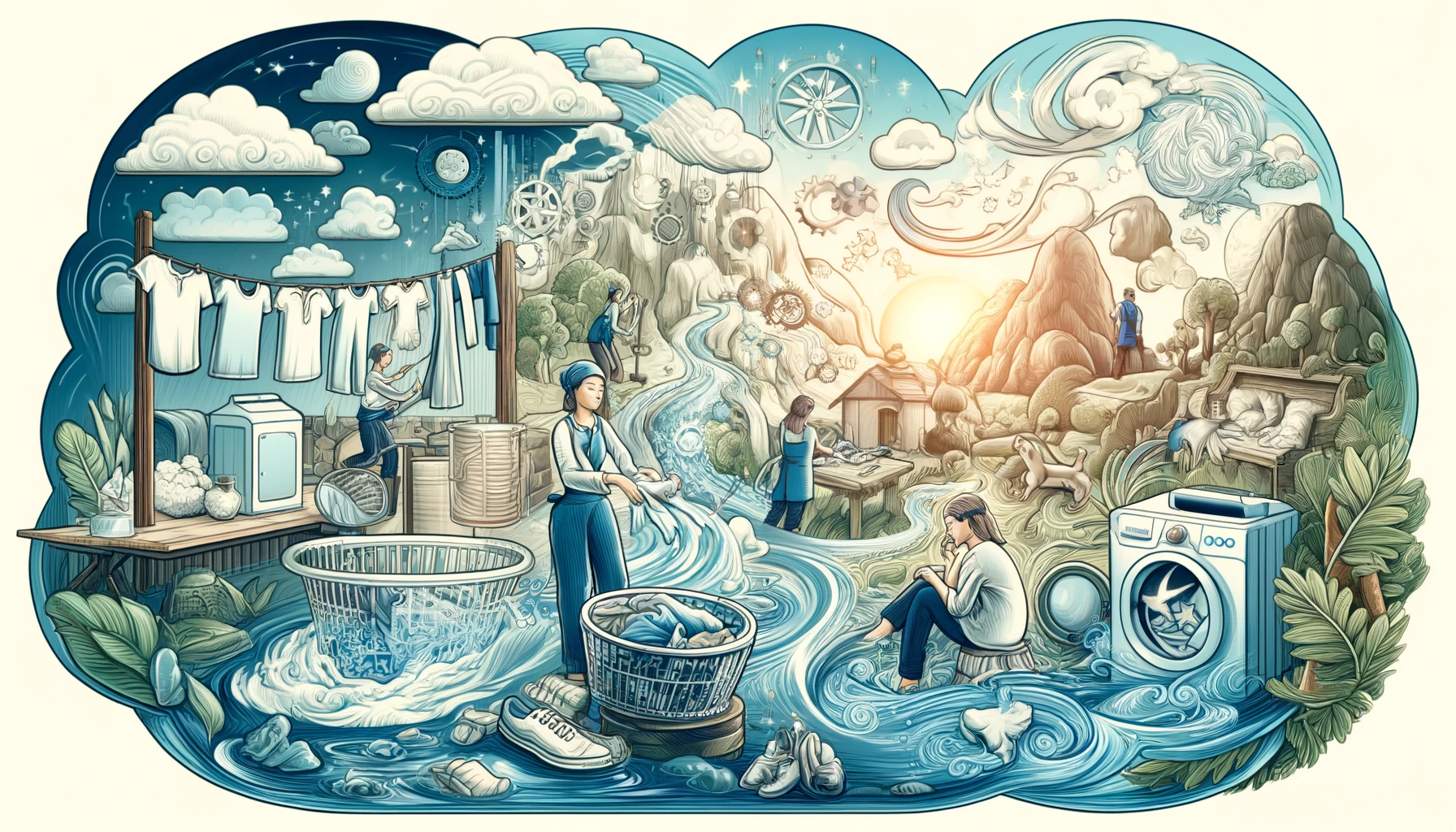 빨래꿈 a drawing of people washing clothes in water